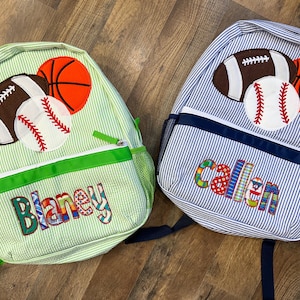Sports theme Seersucker Backpack, Diaper Bag with appliquéd name