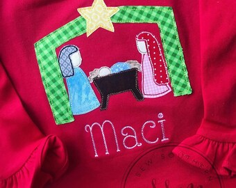 Nativity scene appliqued ruffle tee with name
