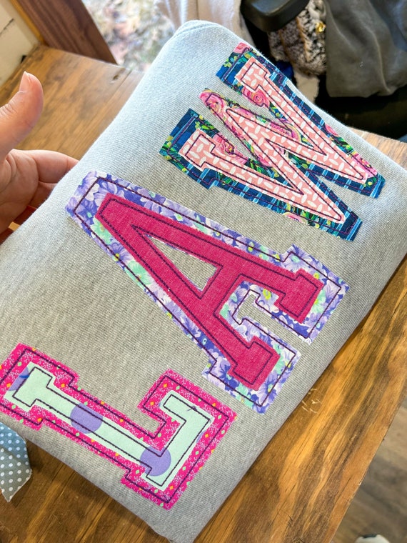 Funky raggy appliqued sweatshirt- initials, monogram- bella canvas brand
