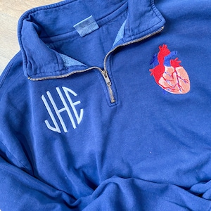 Comfort Color 1/4 Zip Sweatshirt, anatomical heart with monogram