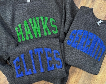 Black cheetah crew sweatshirt with glitter mascot- completely customizable