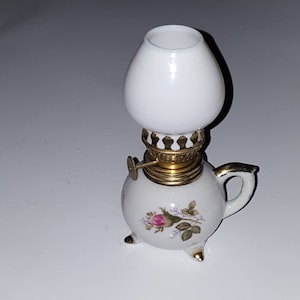 VINTAGE White Porcelain Miniature Oil Lamp Finger Handle With Milk Glass Ball Shade - Antique Footed Oil Lamp Hand Painted Moss Rose Pattern