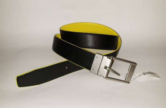 Unisex Leather Reversible Yellow and Black Belt w… - image 2
