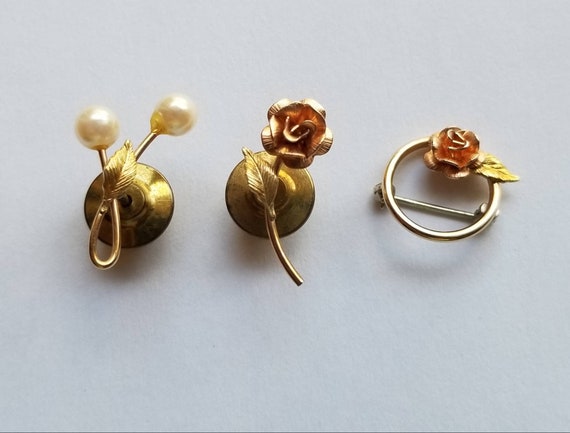 SET of 3 Krementz Pins Gold Pearls and Roses Broo… - image 5