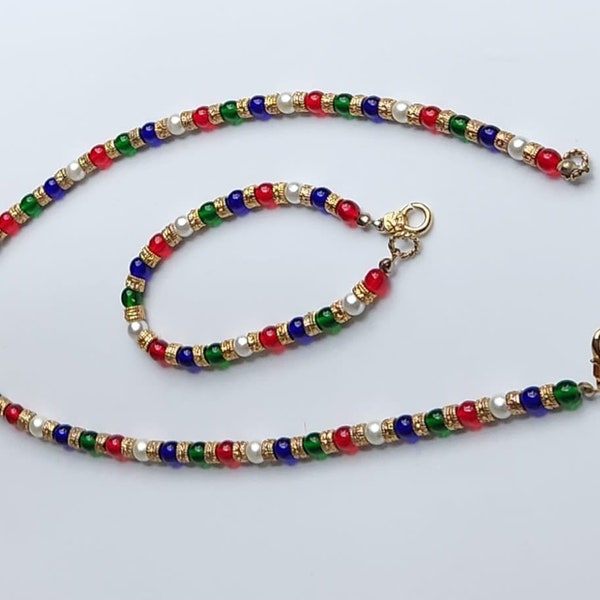 Egyptian Revival Gold and Multicolor Mogul Glass Bead Necklace and Bracelet