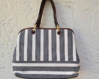 Fossil Handbag Fossil Lane Striped Gray Satchel Handbag Purse Brown Faux Leather Handle Gold
