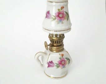 PORCELAIN MINIATURE Hand Painted OIL Lamp, White Porcelain and Colorful Flower Design with Gold Accents, Miniature Hurricane Oil Lamp