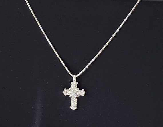 Sterling Silver Cross Pendant Necklace with Rhine… - image 2