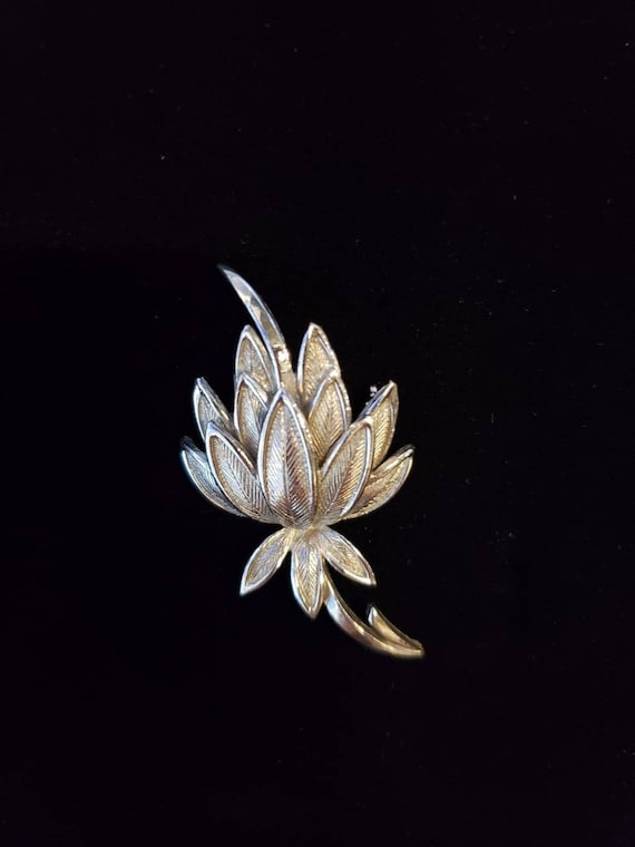 Silver Tone Textured Floral Brooch, Vintage Mid Ce