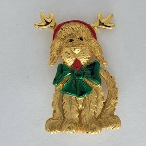 Gold Tone Christmas Brooch, Dog Brooch with Antlers and Green Bow, Signed AJC