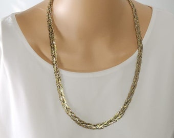 Vintage Gold Tone Braided Herringbone Necklace, Multi Strand Braided Herringbone Chain, Statement Necklace