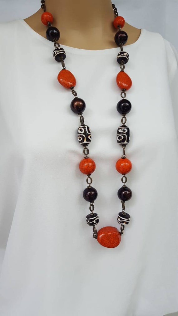 Vintage STATEMENT NECKLACE Beaded Necklace Orange 