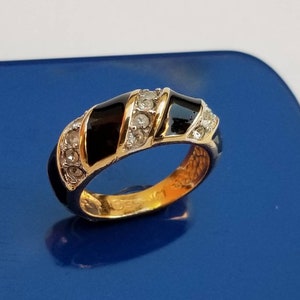 Vintage Ring Woven Bands of Black Enamel and Clear Stones Gold Tone, Vintage Jewelry, 18K HGE