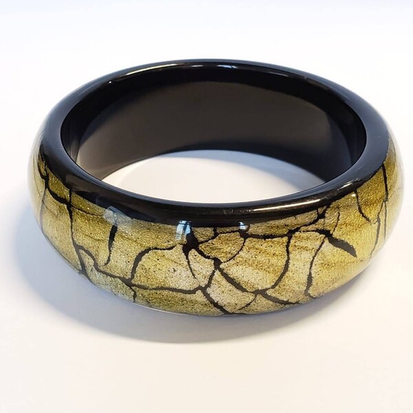 Black Bakelite Bracelet Bangle, Olive Green Crackle Effect, Vintage Bracelet, Art Deco Bangle Bracelet