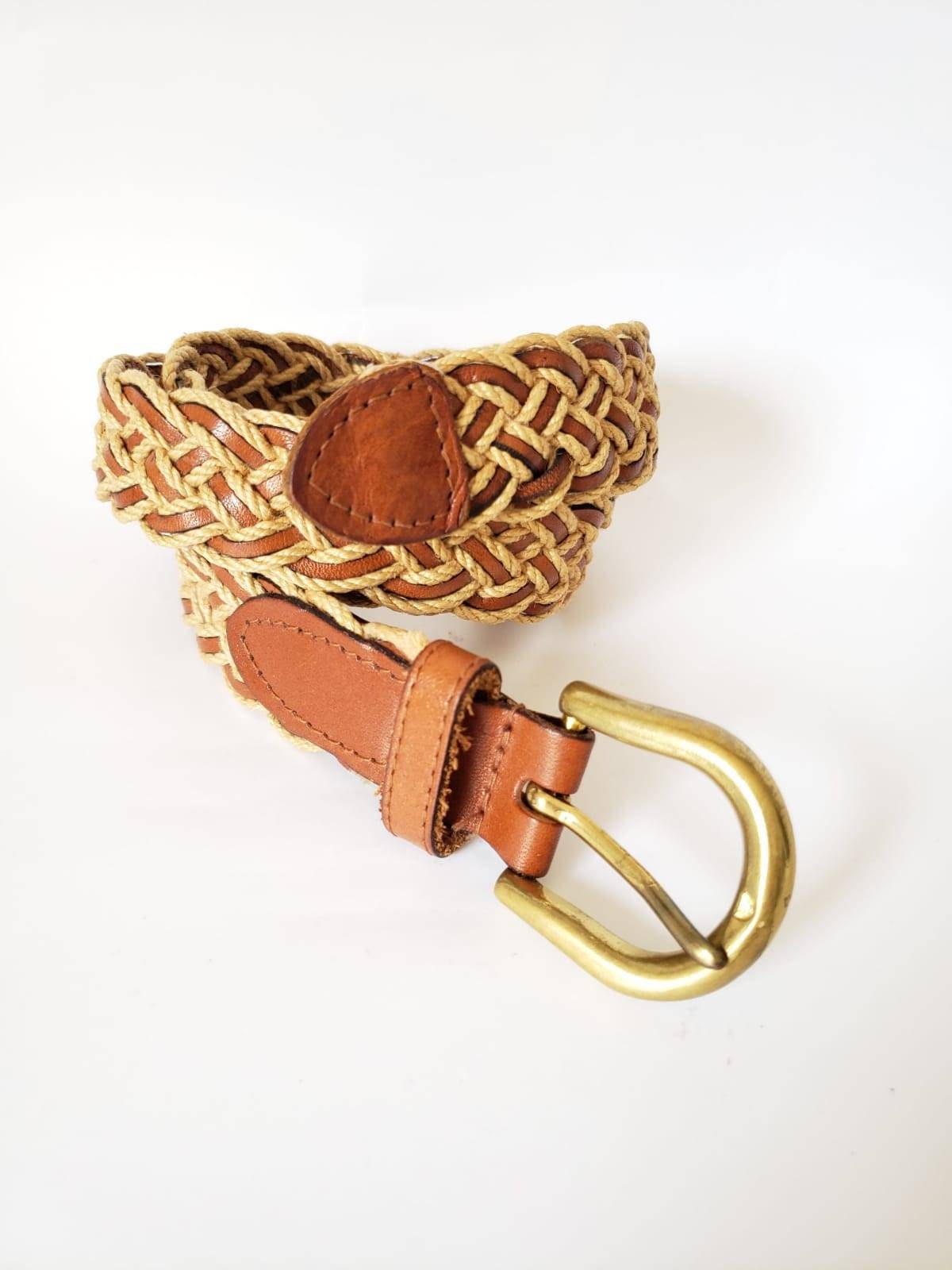 Braided Belt Leather and Woven Fabric Solid Brass Buckle Etsy