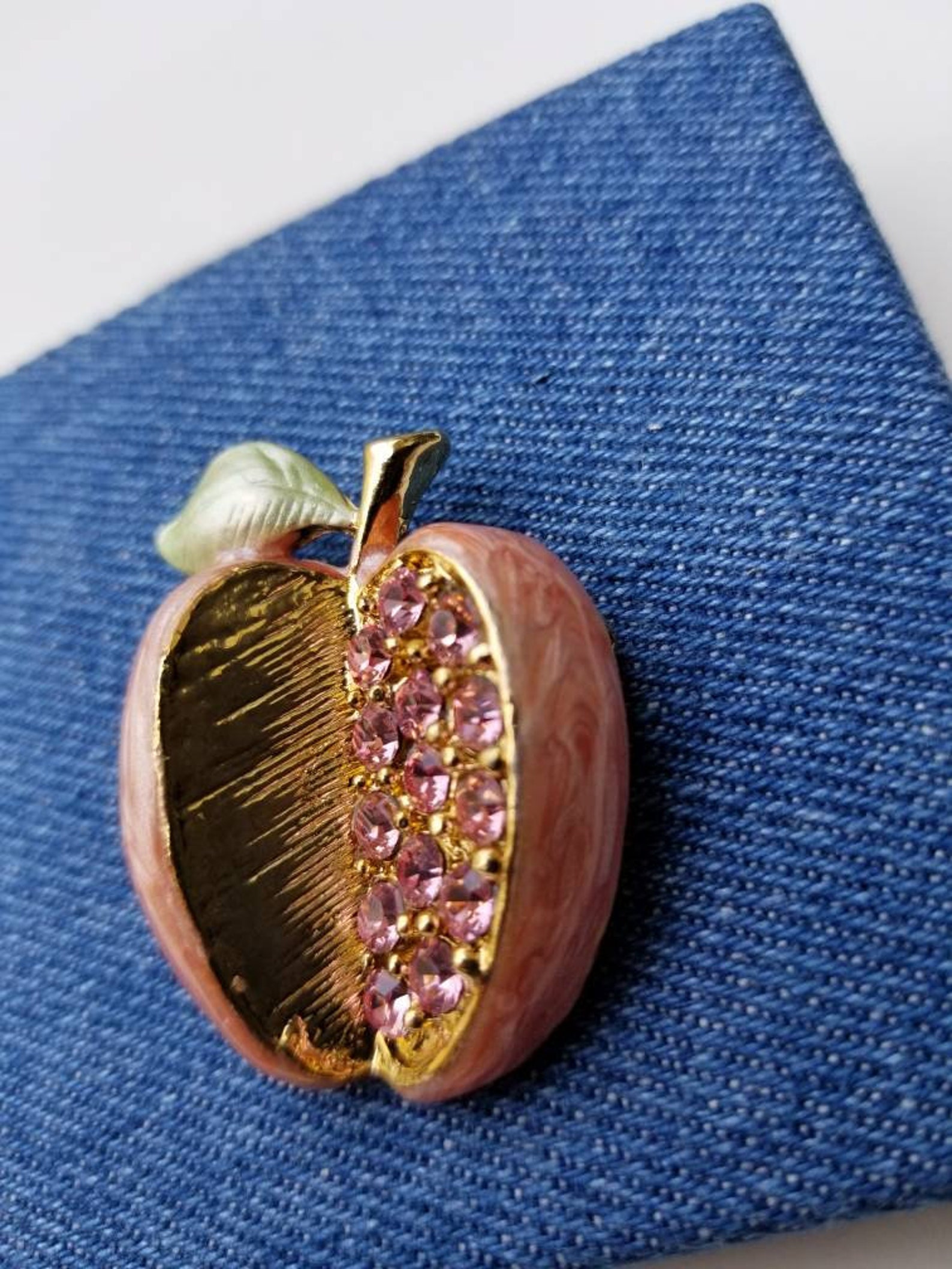 Pink Cut Apple Brooch Pin Enamel and Pink Crystals Etsy