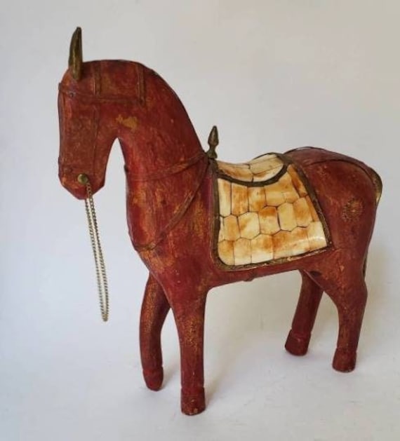 Red and Brown Wooden Horse, Hand Carved Sculpture 