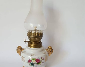 Footed White PORCELAIN MINIATURE Hand Painted OIL Lamp, White Porcelain Hand Painted with Colorful Flowers and Gold Accents on Handles