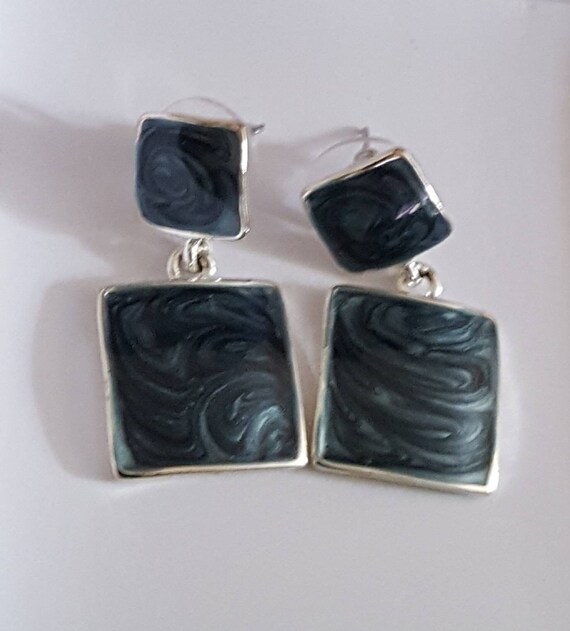 Vintage Blue Grey Marble Double Drop Earrings, Da… - image 2
