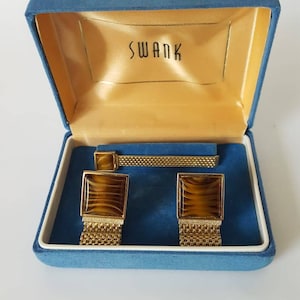 1920’s SWANK Cuff Links and Tie Bar Set, Vintage Cuff Links and Tie Bar Tiger Eye set - Swank Brown and Gold Tuxedo Cuff links and Tie Bar