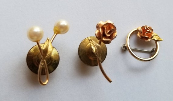 SET of 3 Krementz Pins Gold Pearls and Roses Broo… - image 1