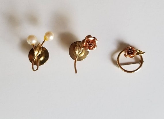 SET of 3 Krementz Pins Gold Pearls and Roses Broo… - image 6