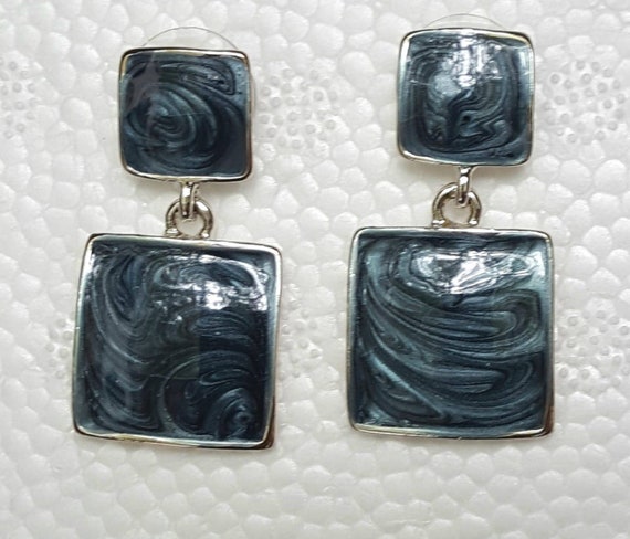Vintage Blue Grey Marble Double Drop Earrings, Da… - image 1