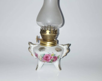 Footed White PORCELAIN MINIATURE Hand Painted OIL Lamp, White Porcelain Hand Painted with Colorful Flowers and Gold Accents on Handles