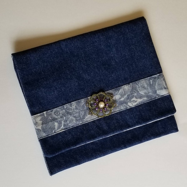 Handmade Dark Blue Denim Envelope Clutch, Blue Denim Evening Envelope Handbag, Denim Flower Chain Bag, Denim Lined Envelope Clutch