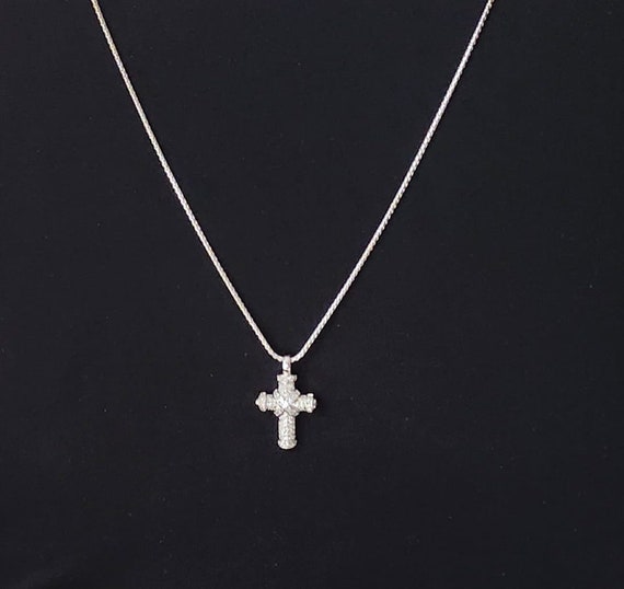 Sterling Silver Cross Pendant Necklace with Rhine… - image 1