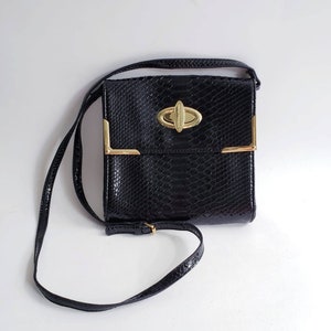 Snake Embossed Square Crossbody Bag, Black shoulder Bag with Shiny Gold hardware, Vintage Bag  