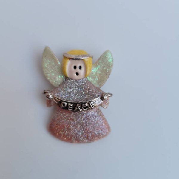 Vintage Angel with Silver Peace Banner Brooch, Vintage Angel Pin, Christmas Angel Pin