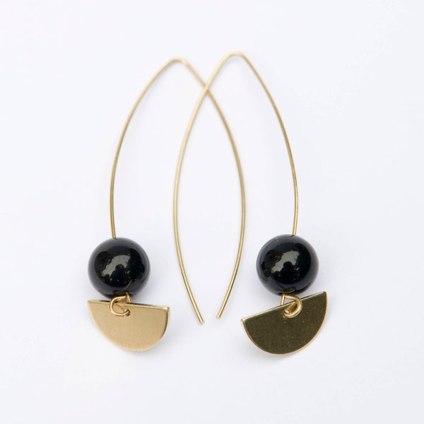 Long brass earrings with onyx or labradorite stone- Art deco Style- Dangle earrings- Modern earrings- Gifts for her