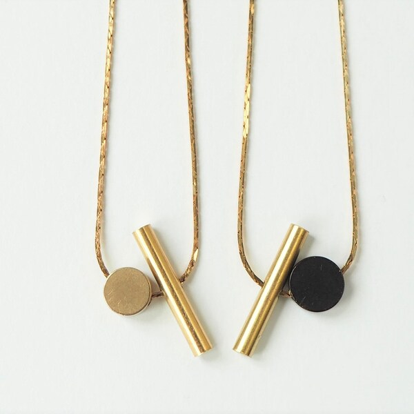 Brass Cylinder and Disc necklace- Modern Necklace-Geometric pendant-Gifts for Her