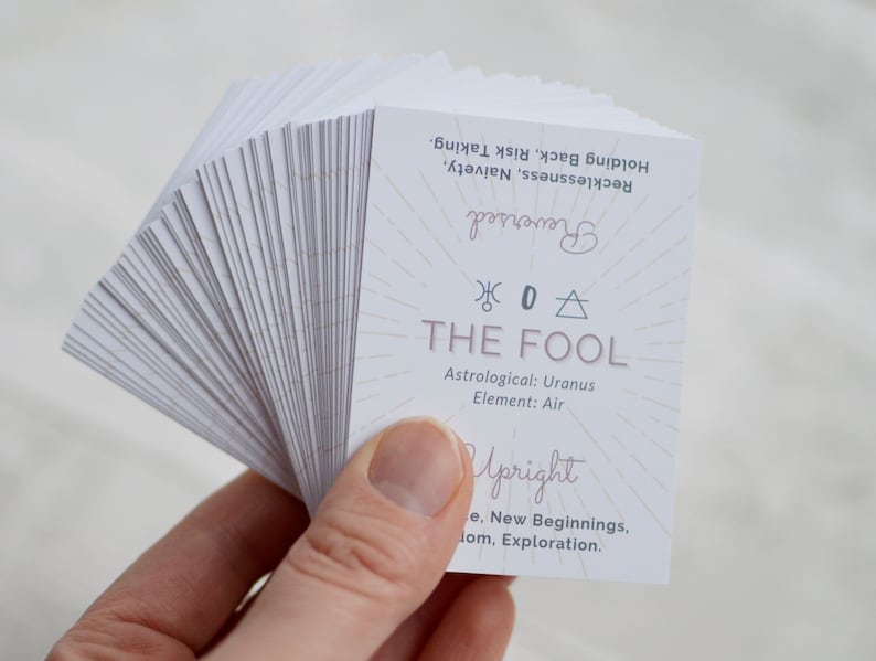 May include: A deck of tarot cards with a white background. The top card is The Fool, with the astrological symbol for Uranus and the element Air. The card is upright and shows the meaning of new beginnings, freedom, and exploration. The reversed meaning is holding back, risk taking, recklessness, and naivety.