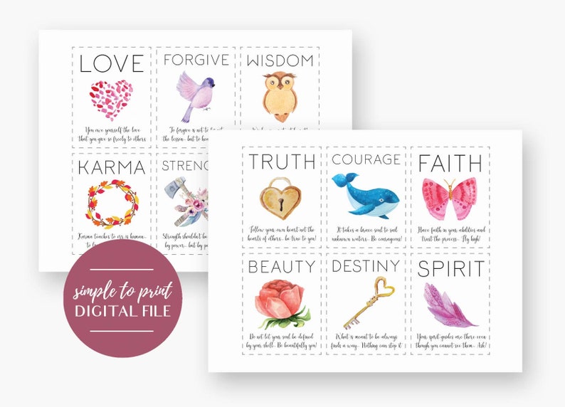 May include: Printable digital file of 12 watercolor illustrations with inspirational words and quotes. The words include Love, Forgive, Wisdom, Karma, Strength, Truth, Courage, Faith, Beauty, Destiny, and Spirit. Each illustration features a different watercolor image, such as a heart, a bird, an owl, a wreath, an axe, a lock, a whale, a butterfly, a rose, a key, and a feather.