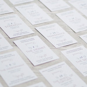 May include: A set of white cards with purple text and symbols. Each card features a number, a name, and a keyword. The cards are arranged in a random order on a light gray surface.
