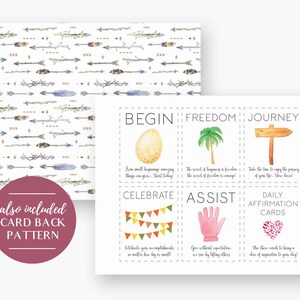 May include: A set of 8 watercolor illustrated affirmation cards with a boho theme. The cards feature images of an egg, palm tree, signpost, bunting, a hand, and a heart. The text on the cards reads: Begin, Freedom, Journey, Celebrate, Assist, Daily Affirmation Cards. The back of the cards features a pattern of arrows and feathers.