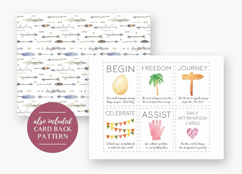 May include: A set of 8 watercolor illustrated affirmation cards with a boho theme. The cards feature images of an egg, palm tree, signpost, bunting, a hand, and a heart. The text on the cards reads: Begin, Freedom, Journey, Celebrate, Assist, Daily Affirmation Cards. The back of the cards features a pattern of arrows and feathers.
