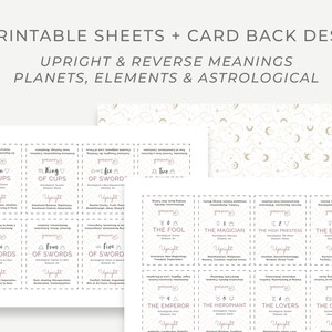 May include: Printable tarot card sheets with upright and reverse meanings for each card. The cards feature a pink and white design with a geometric pattern. The cards include the Fool, Magician, High Priestess, Empress, Emperor, Hierophant, Lovers, Chariot, and more.