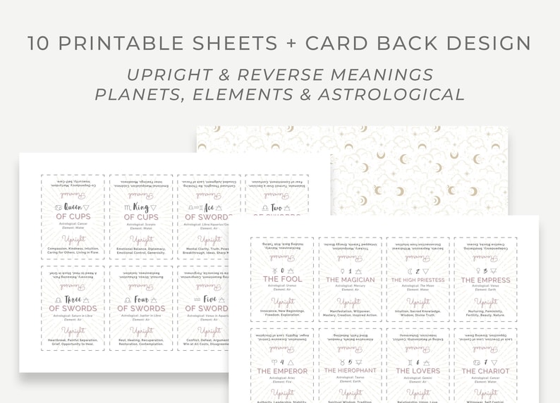May include: Printable tarot card sheets with upright and reverse meanings for each card. The cards feature a pink and white design with a geometric pattern. The cards include the Fool, Magician, High Priestess, Empress, Emperor, Hierophant, Lovers, Chariot, and more.