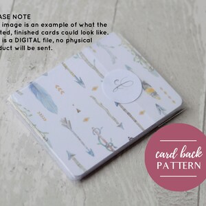 May include: A stack of white note cards with a pattern of arrows, feathers, and geometric shapes. The back of the cards has a pink circle with the text "card back pattern".