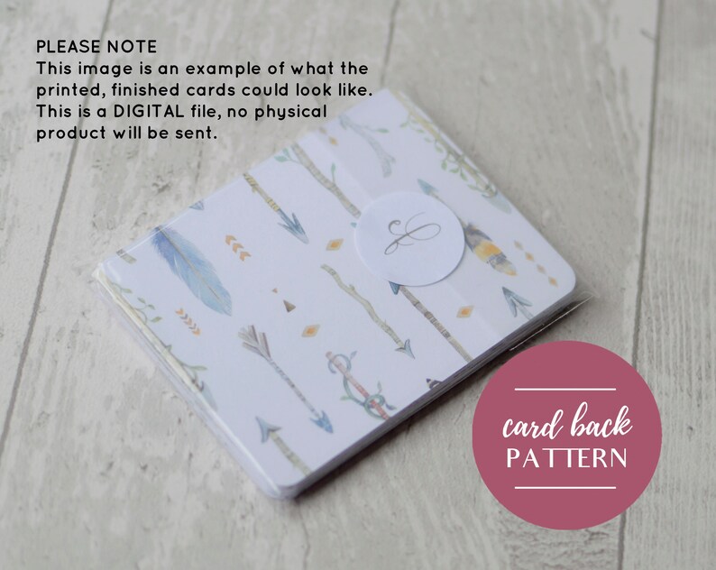 May include: A stack of white note cards with a pattern of arrows, feathers, and geometric shapes. The back of the cards has a pink circle with the text "card back pattern".
