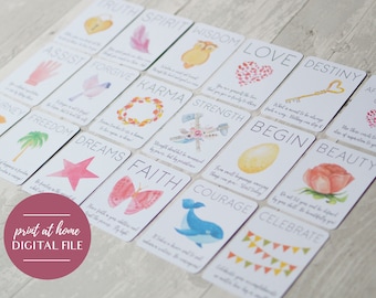May include: A set of 16 printable affirmation cards with watercolor illustrations and inspirational quotes. The cards feature themes of love, strength, beauty, faith, and more. The cards are designed for personal growth and self-reflection.