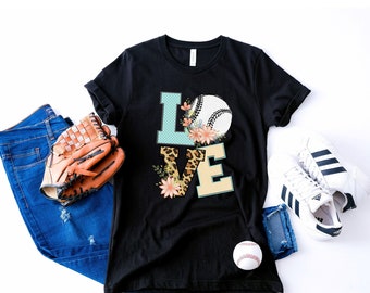 Love Baseball Shirt - Baseball Mom Shirts - Leopard Print Baseball - Women's Shirts - Unisex Adult Shirts - Crew and V Neck Shirts
