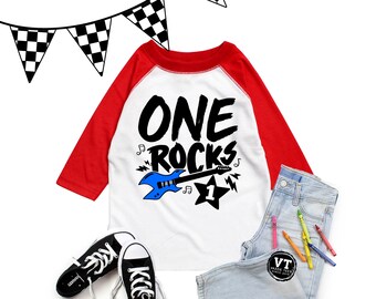 One Rocks First Birthday Shirt - Rock and Roll 1st Birthday - Unisex Kids Raglan Tee