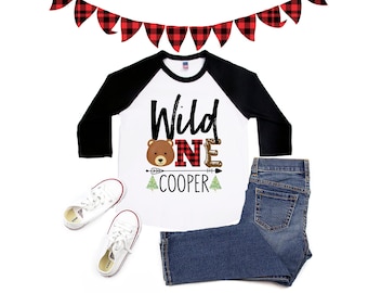 Wild One Bear Birthday Shirt: Personalized Lumberjack Plaid 1st Birthday