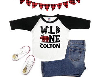 Wild and 1 Bear Birthday Shirt - 1st Birthday Shirt - Buffalo Plaid Bear Shirt - ONE Year Old - Birthday Party - Lumberjack - Personalized
