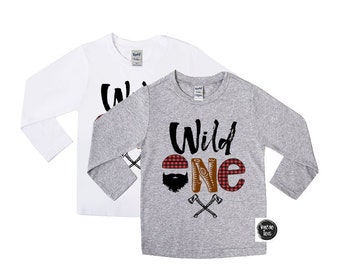 Wild One Lumberjack Birthday Shirt - Long Sleeve - First Birthday Shirt - Buffalo Plaid ONE - Unisex Kids' Shirts - Lumberjack Theme