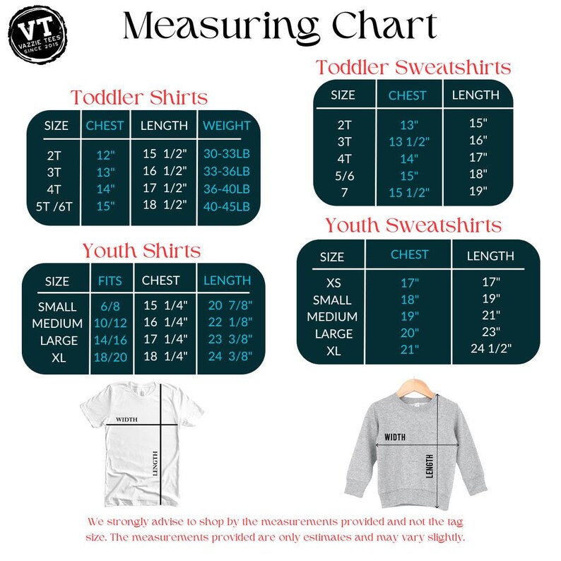 May include: A size chart for toddler and youth shirts and sweatshirts. The chart includes measurements for chest and length in inches, as well as weight in pounds for toddler shirts. The chart also includes a visual representation of how to measure the chest and length of a shirt.